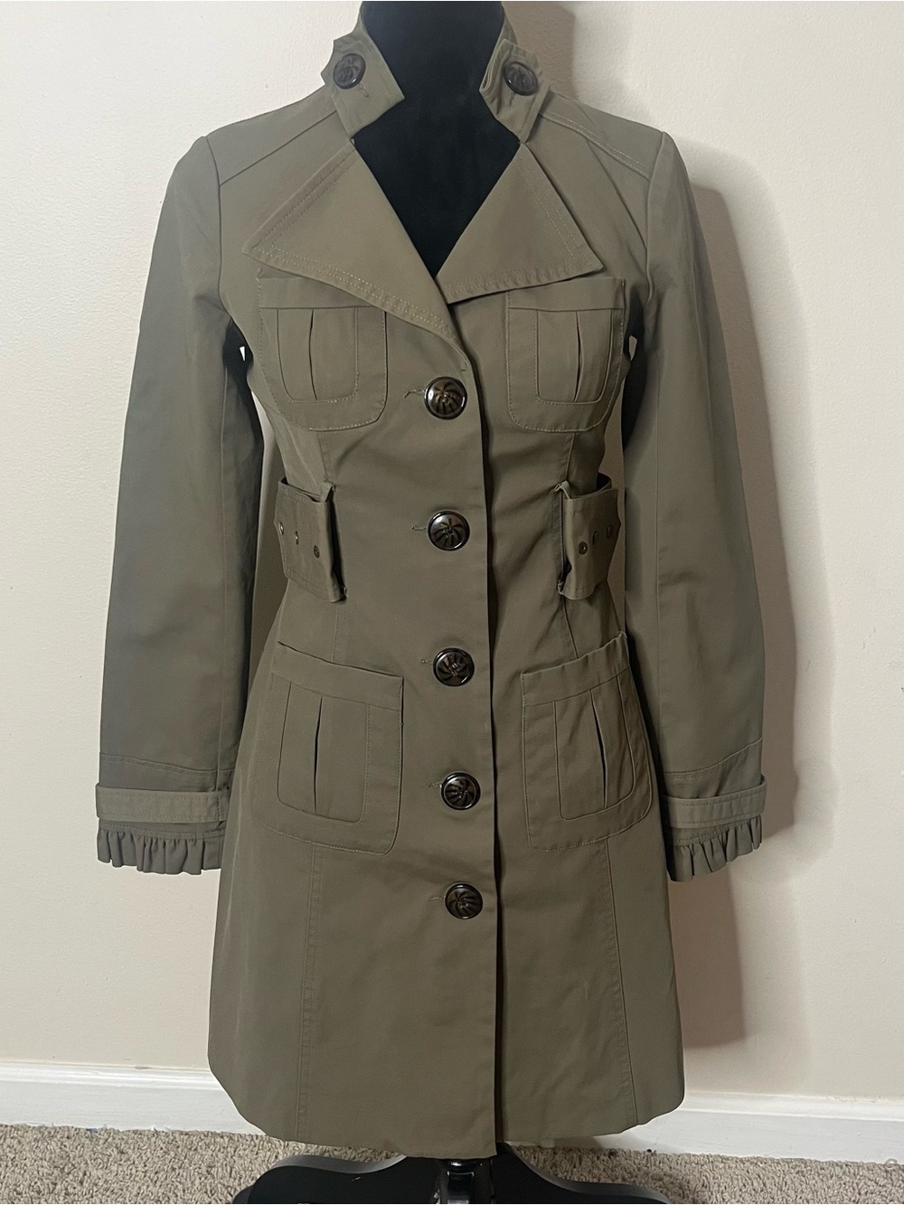 Blanc Noir Women’s Olive Green Ruffle Sleeve Mid Length Trench Coat Jacket Sz S